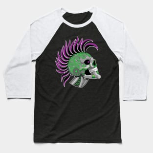 Tattooed Robot Skull with Purple Mohawk Baseball T-Shirt